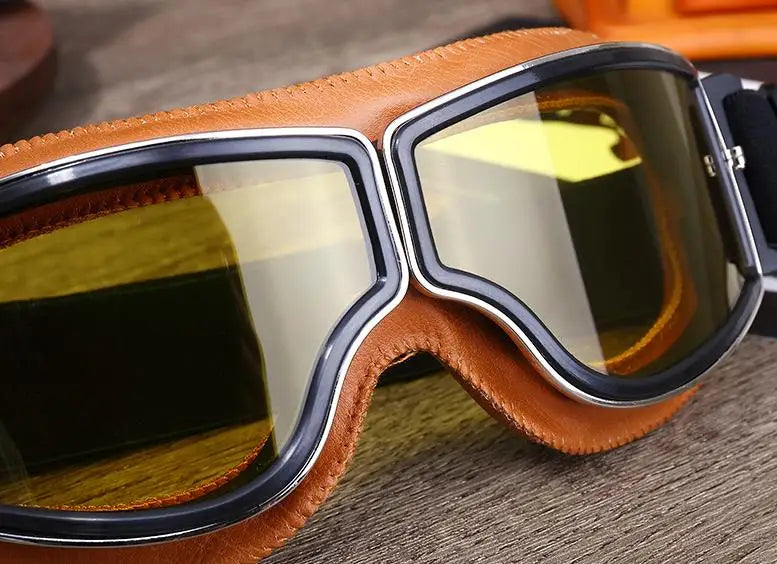 Retro Leather Motorcycle Goggles - Windproof and Foldable for Helmet