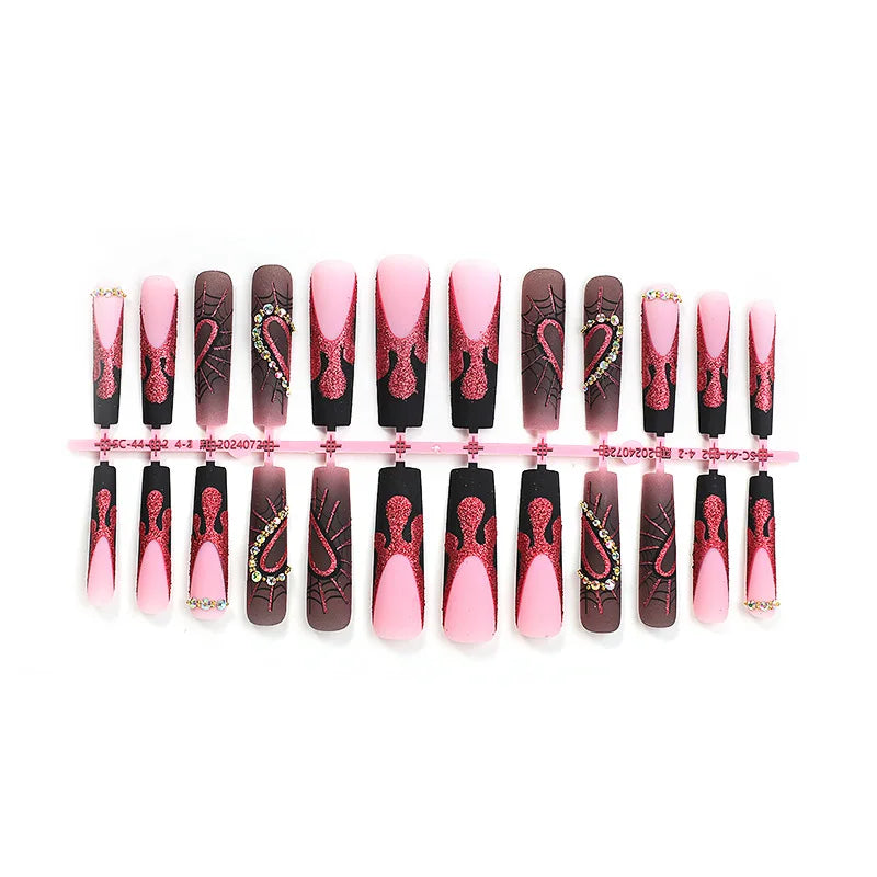 24pcs Halloween Press on Nails, Long Coffin with Spider & Rhinestone Designs