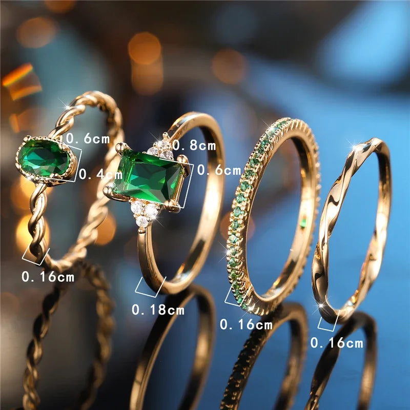 4pcs Green Zircon Ring Set, Gold Plated for Engagement & Wedding