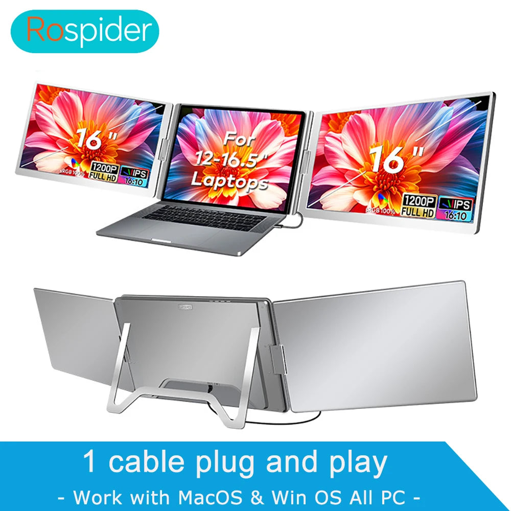 Rospider Triple Screen Portable Monitor | Dual 14" to 16" Portable Screen Extender
