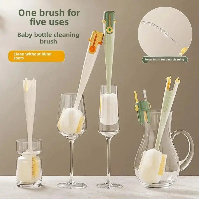 5-in-1 Cleaning Kit for Cups and Thermoses, Multipurpose Brush with Built-in Sponge, Household Tool for Cleaning Glasses and Bottles