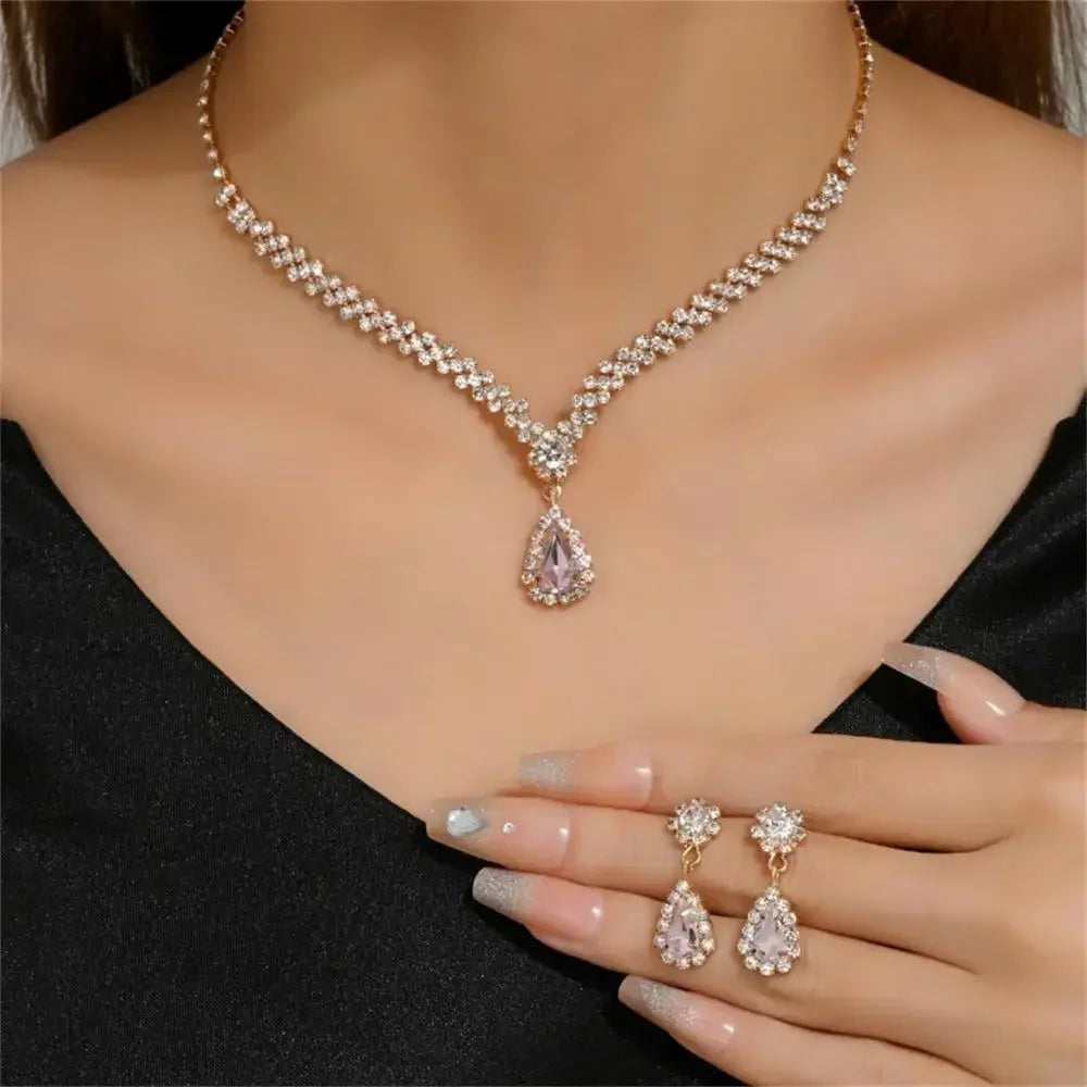 Women's Jewelry Set (2 Pieces) | Elegant Pendant Necklace and Stud Earrings with Water Drop and Rhinestones