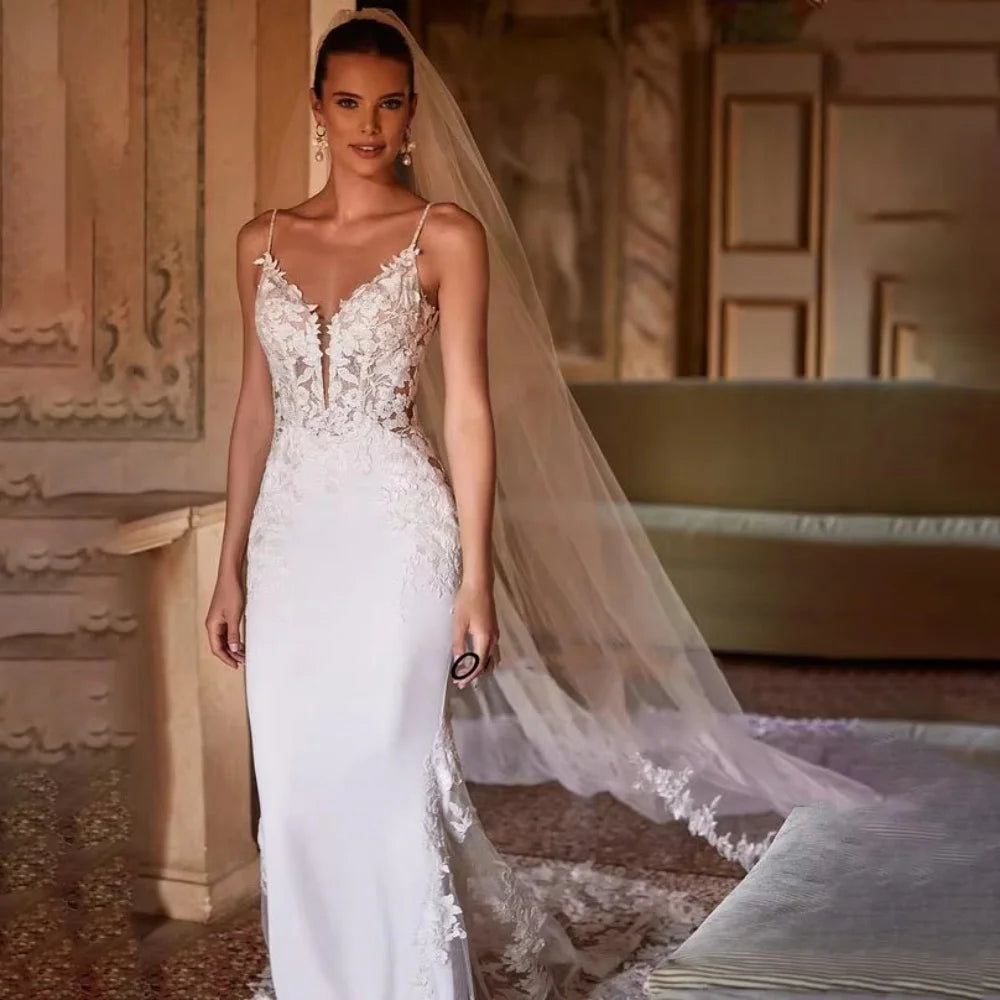 V-Neck Lace Wedding Gown | Spaghetti Strap Bridal Dress by Enternity with Court Train | Customized