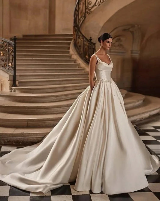 A line satin wedding dress with backless design