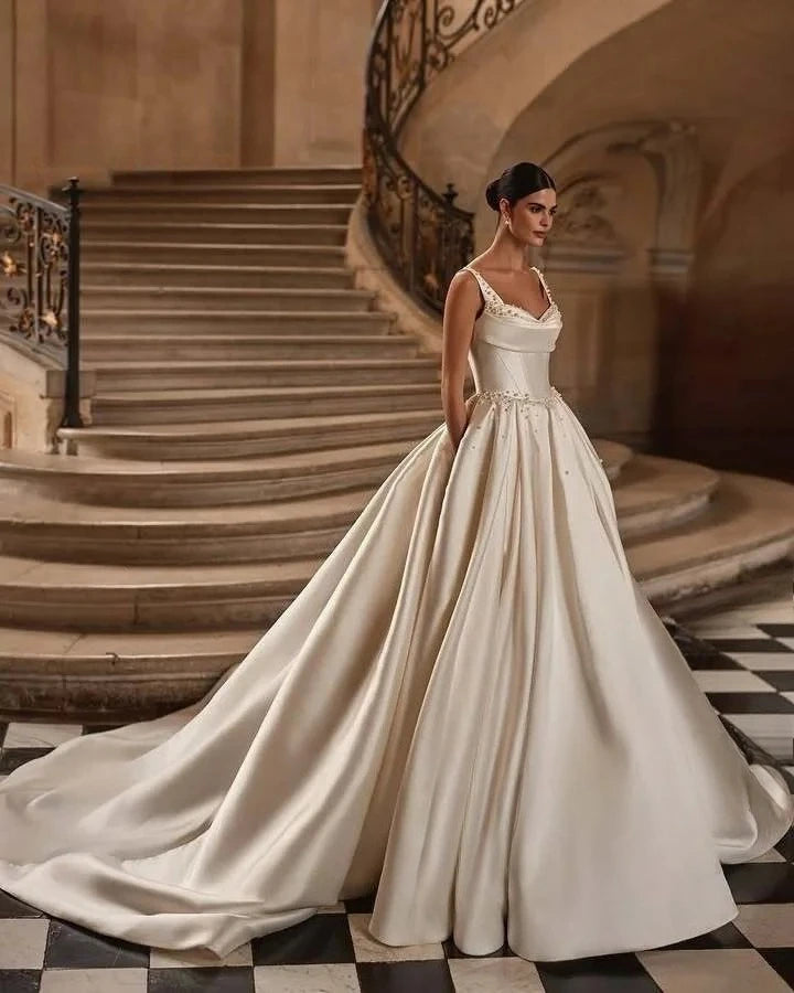 A line satin wedding dress with backless design