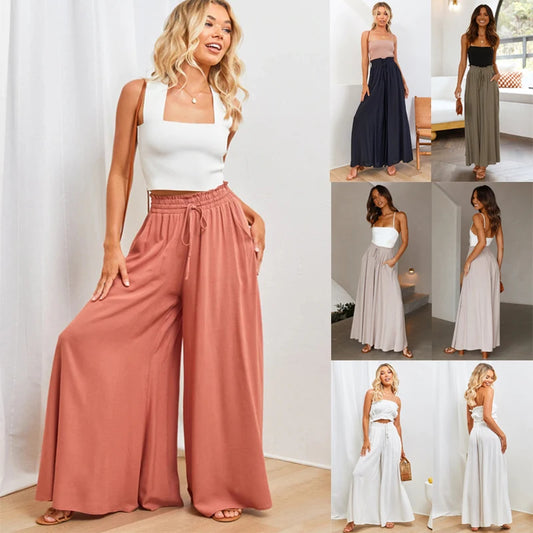 Pantalones de pierna ancha de verano para mujer con cintura elástica