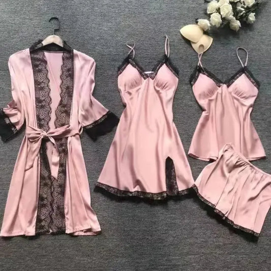 Conjunto de Pijamas de 4 Piezas para Mujer, Camisón de Encaje, Bata para Dormir, Ropa de Dormir de Color Sólido