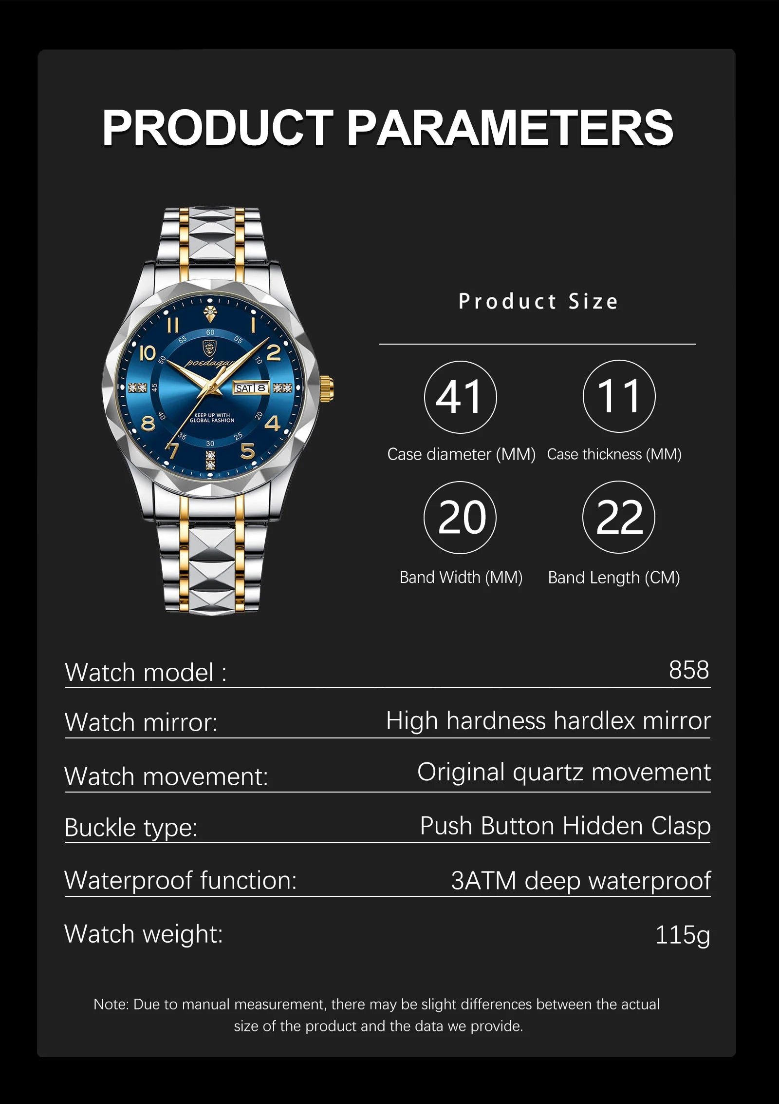 Men's sports watch stainless steel bracelet