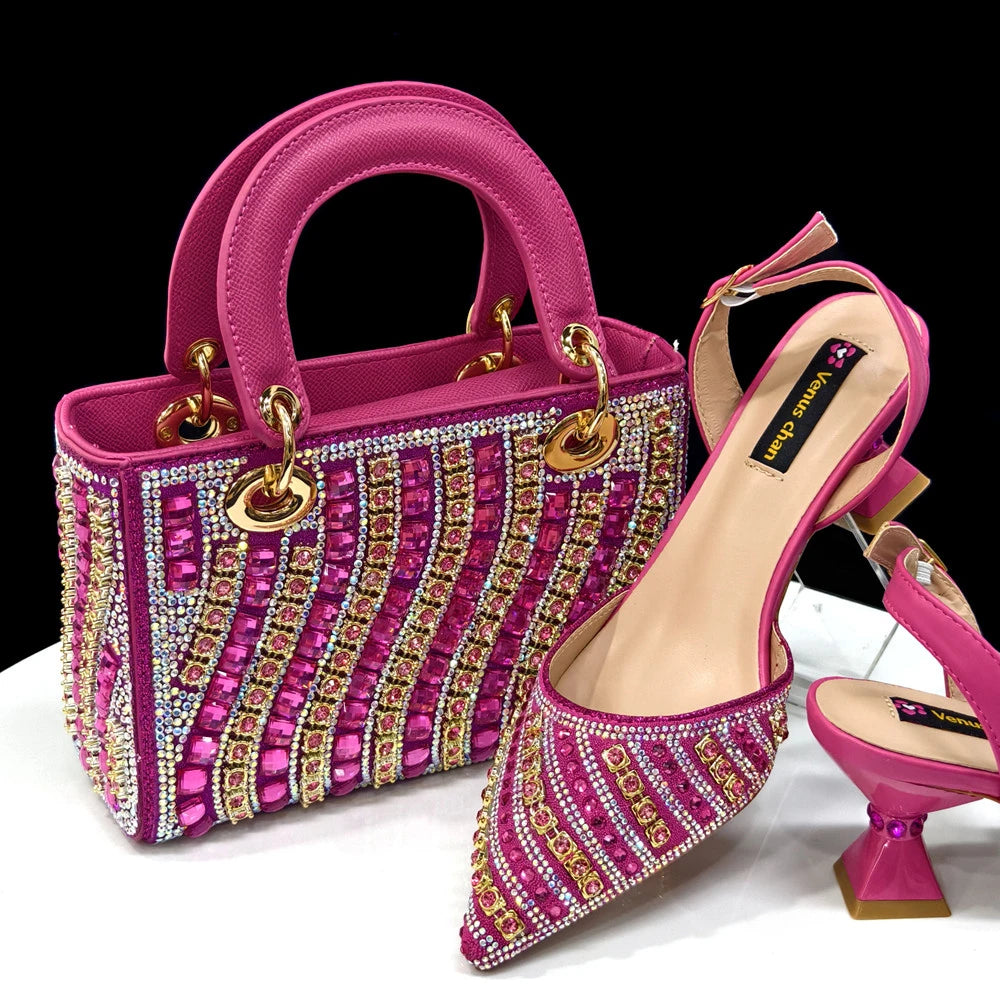 Women Shoe and Handbag Set | Rhinestone Party Heels