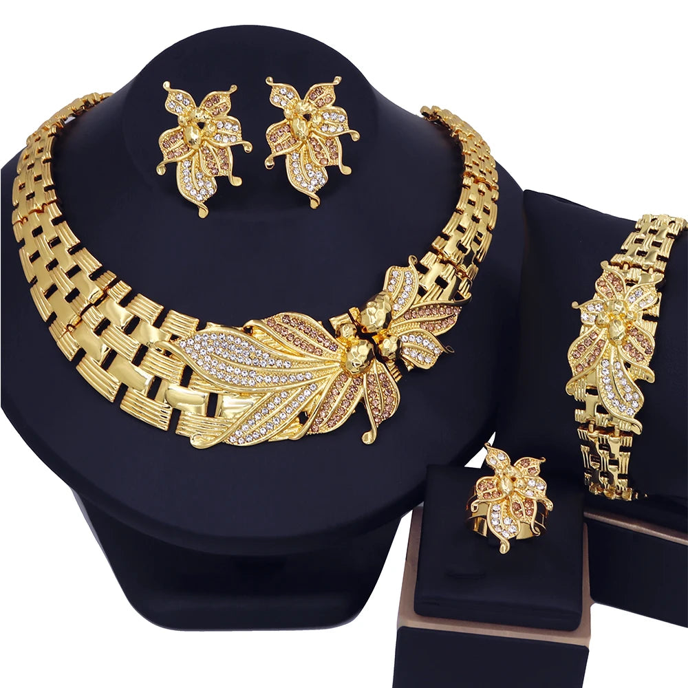 Bridal Jewelry Set with Choker and Large African Flower, Includes Bracelet, Earrings and Ring, 18K Gold Plated with Cubic Zirconia