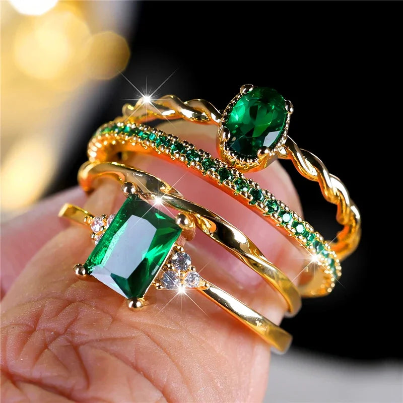 4pcs Green Zircon Ring Set, Gold Plated for Engagement & Wedding