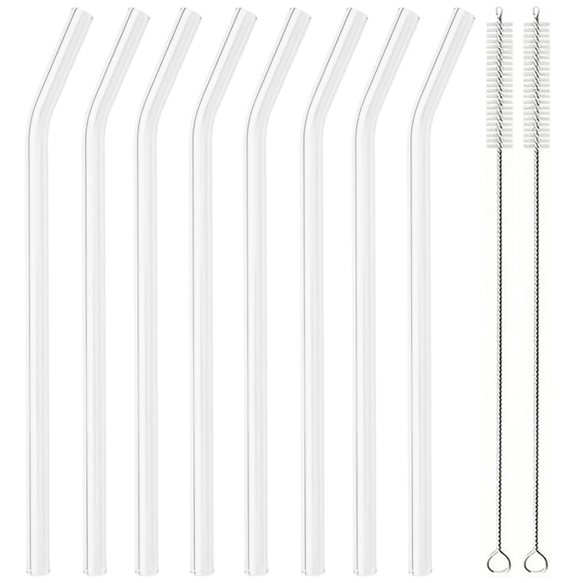Set of Curved Borosilicate Glass Straws with Cleaning Brush