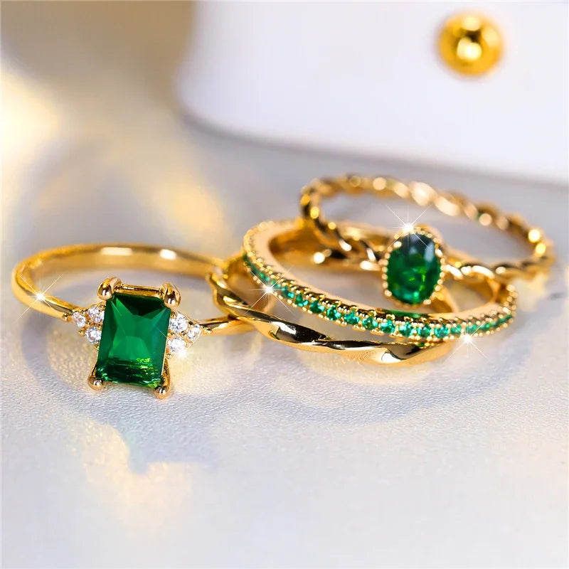 4pcs Green Zircon Ring Set, Gold Plated for Engagement & Wedding