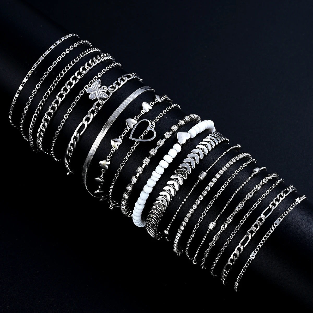 19Pcs Silver Anklet Set for Women, Pearl, Butterfly & Heart Designs