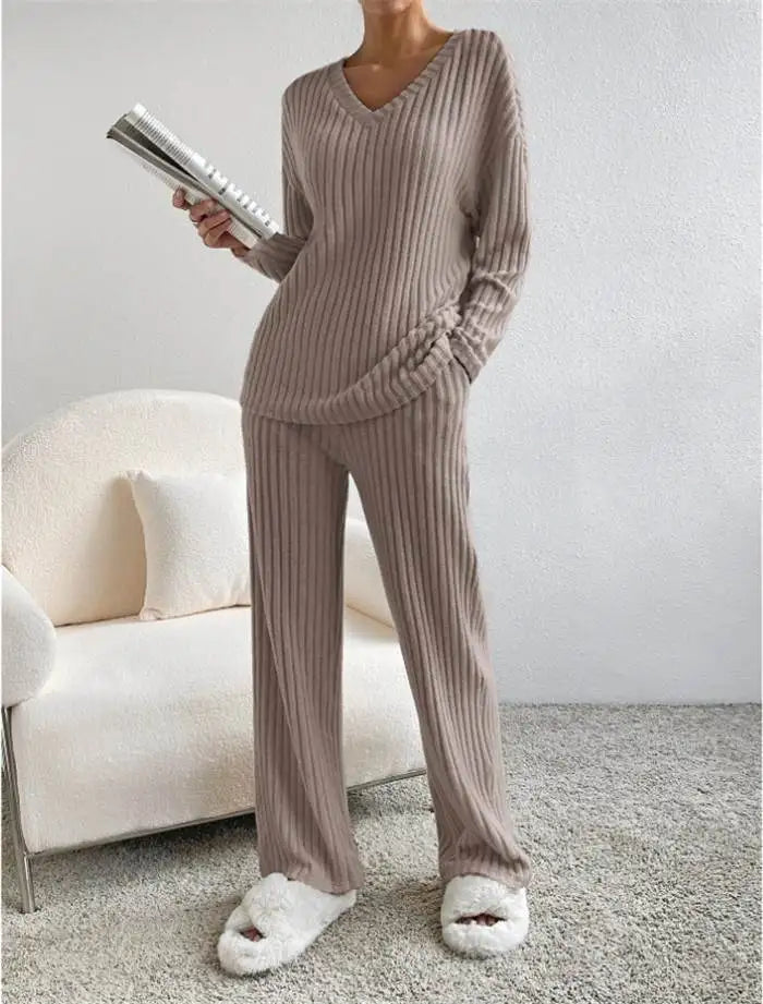 Women's Autumn Set | Casual Sweater and Pants, Long Sleeve, V-Neck
