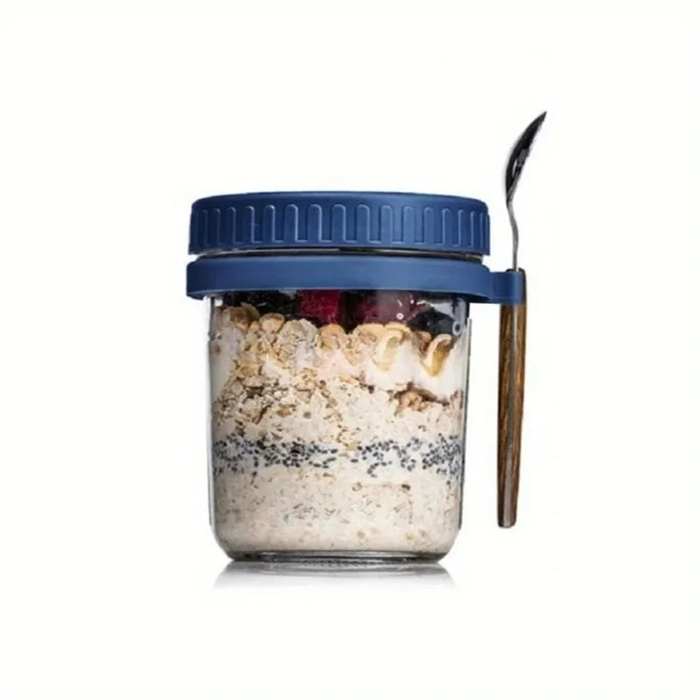 Glass jar with lid and spoon for overnight oats
