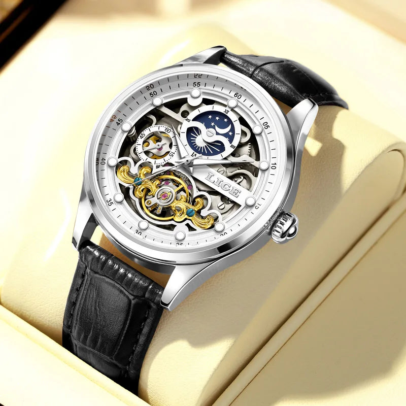 LIGE Men's Skeleton Tourbillon Automatic Waterproof Watch