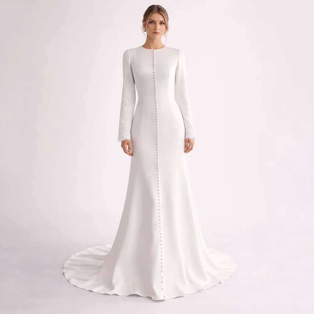 Muslim Wedding Dress | Modest A-Line Bridal Gown with Long Lace Sleeves, O-Neck & Lace | Customizable