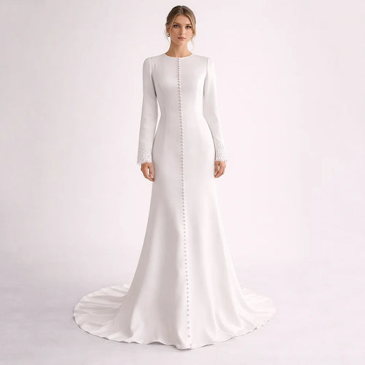 Muslim Wedding Dress | Modest A-Line Bridal Gown with Long Lace Sleeves, O-Neck & Lace | Customizable