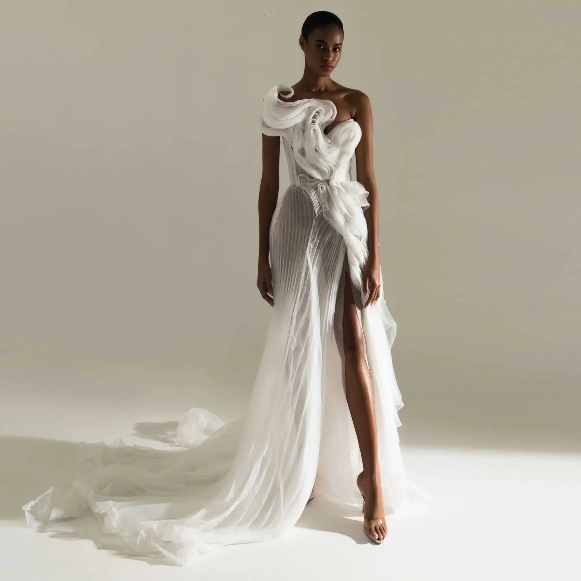 Bohemian ivory wedding dress with off shoulder neckline