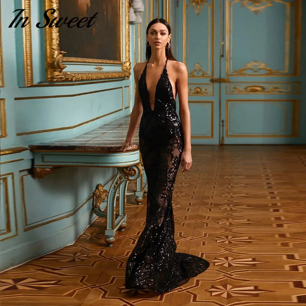 Mermaid Evening Dress | Sequins Lace Halter Gown