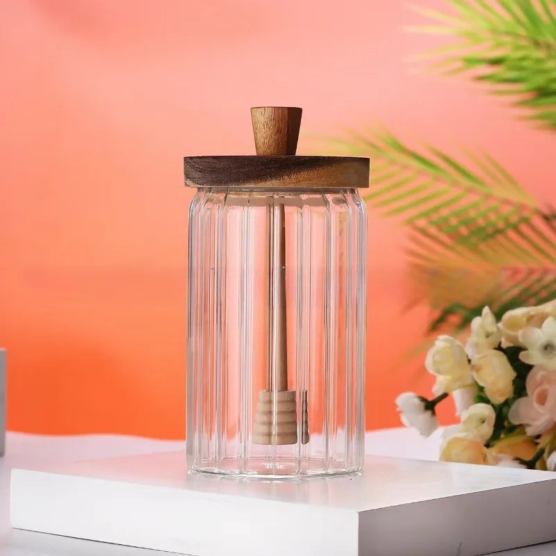 Glass Jar with Wooden Lid and Spoon, Airtight Clear Glass Container for Honey, Jam and Food, Decorative Kitchen Container