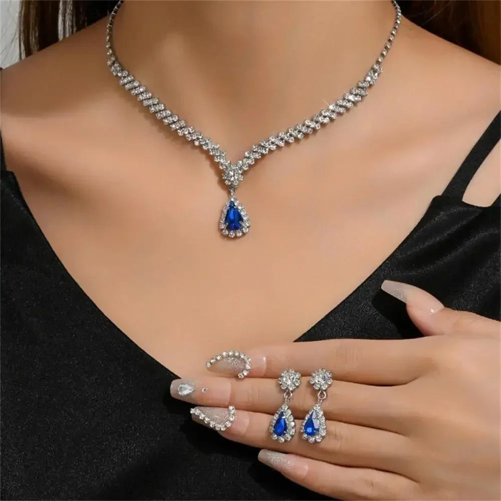 Women's Jewelry Set (2 Pieces) | Elegant Pendant Necklace and Stud Earrings with Water Drop and Rhinestones