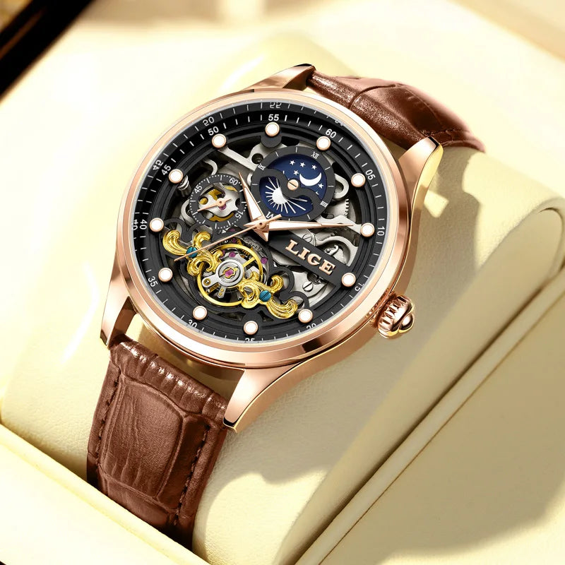LIGE Men's Skeleton Tourbillon Automatic Waterproof Watch