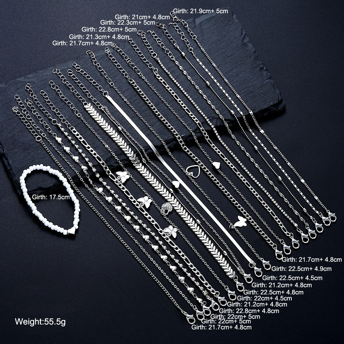 19Pcs Silver Anklet Set for Women, Pearl, Butterfly & Heart Designs