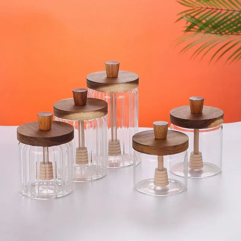 Glass Jar with Wooden Lid and Spoon, Airtight Clear Glass Container for Honey, Jam and Food, Decorative Kitchen Container