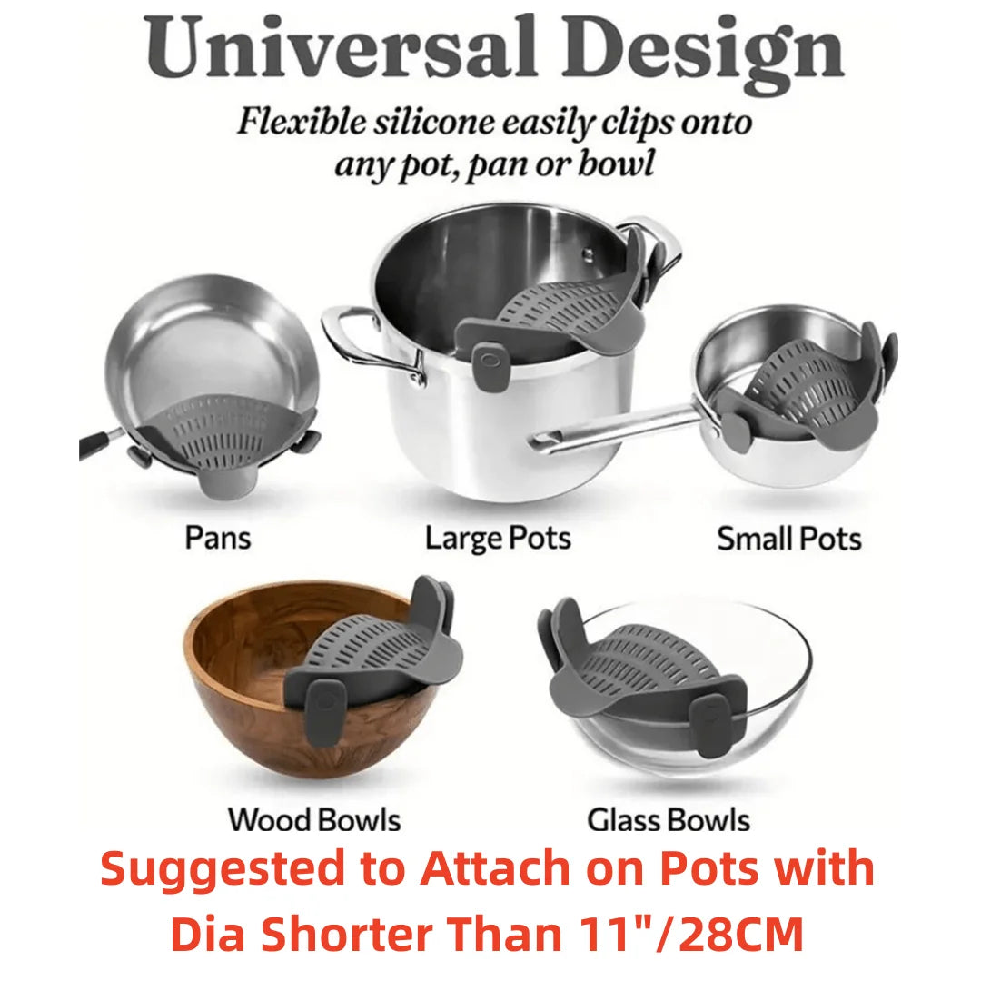 Clip on kitchen strainer for pots