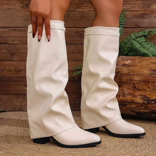Women's Punk Style Boots | Knee-High Heel Pointed Toe Boots | Faux Leather for Fall Winter