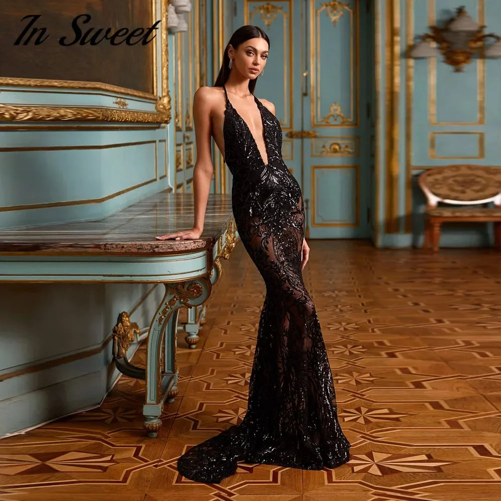 Mermaid Evening Dress | Sequins Lace Halter Gown