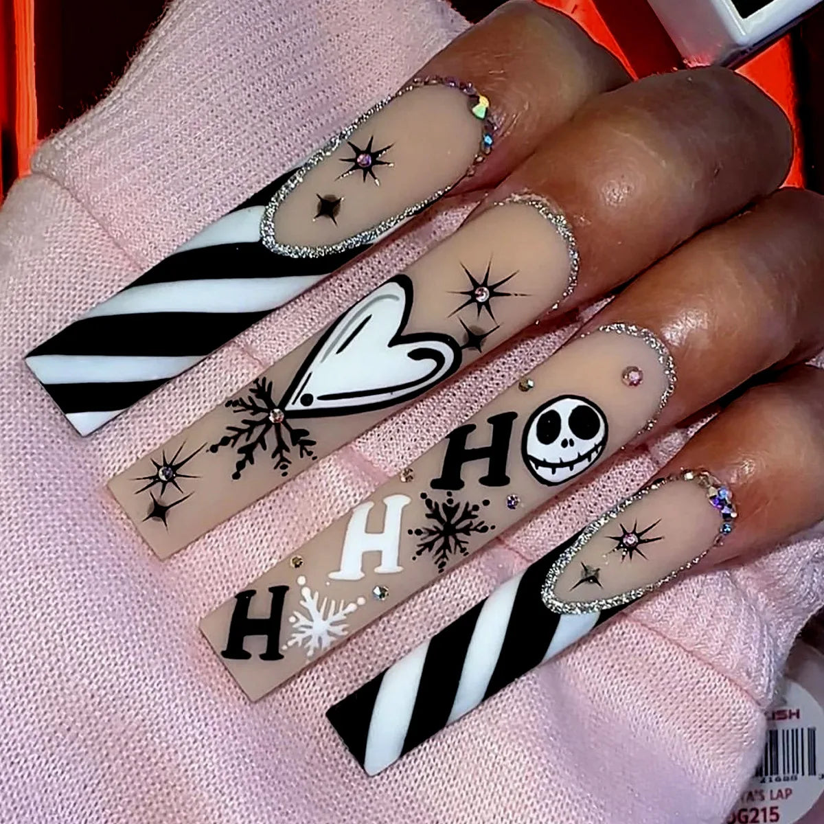 24pcs Halloween Press on Nails, Long Coffin with Spider & Rhinestone Designs