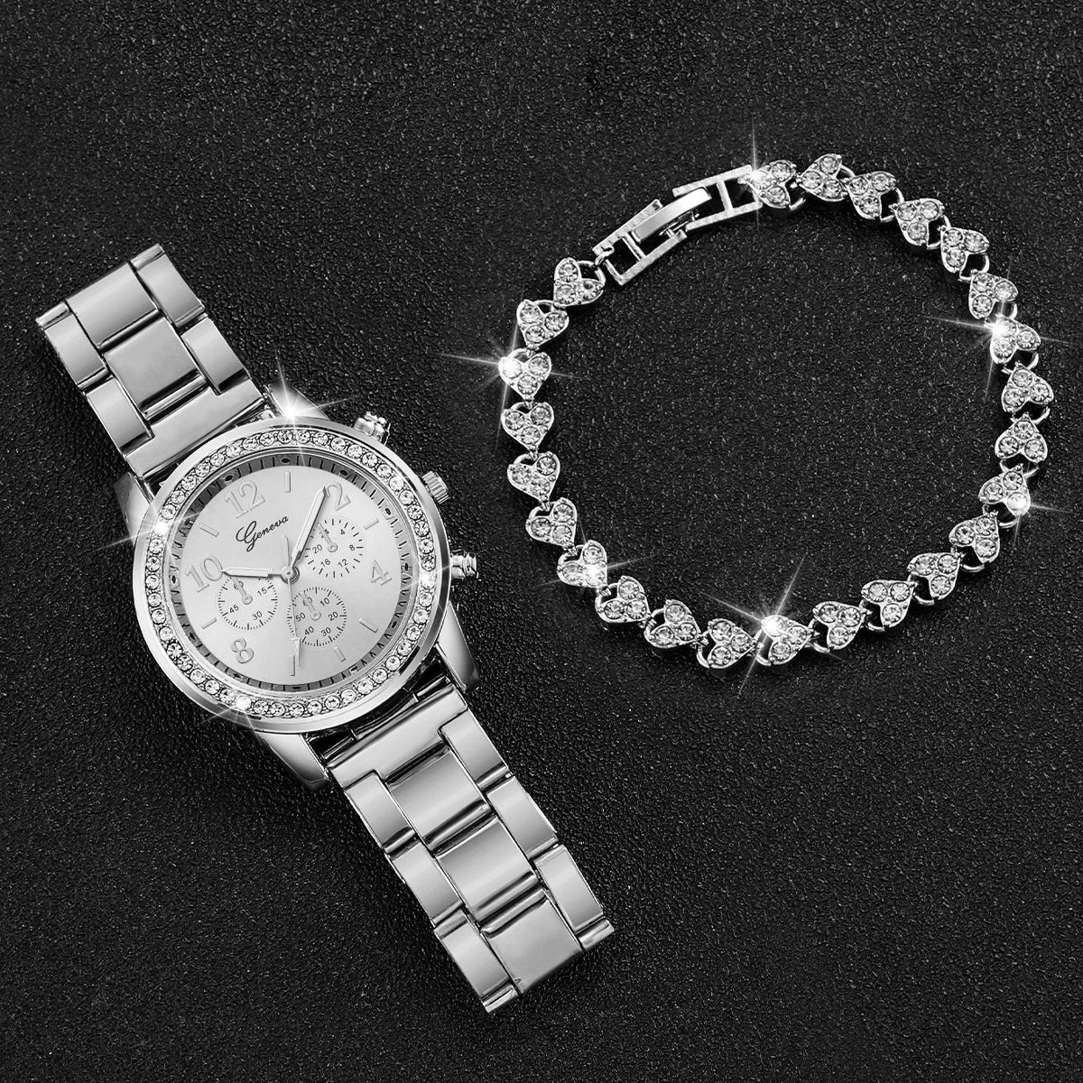 Women's watch set with diamond effect