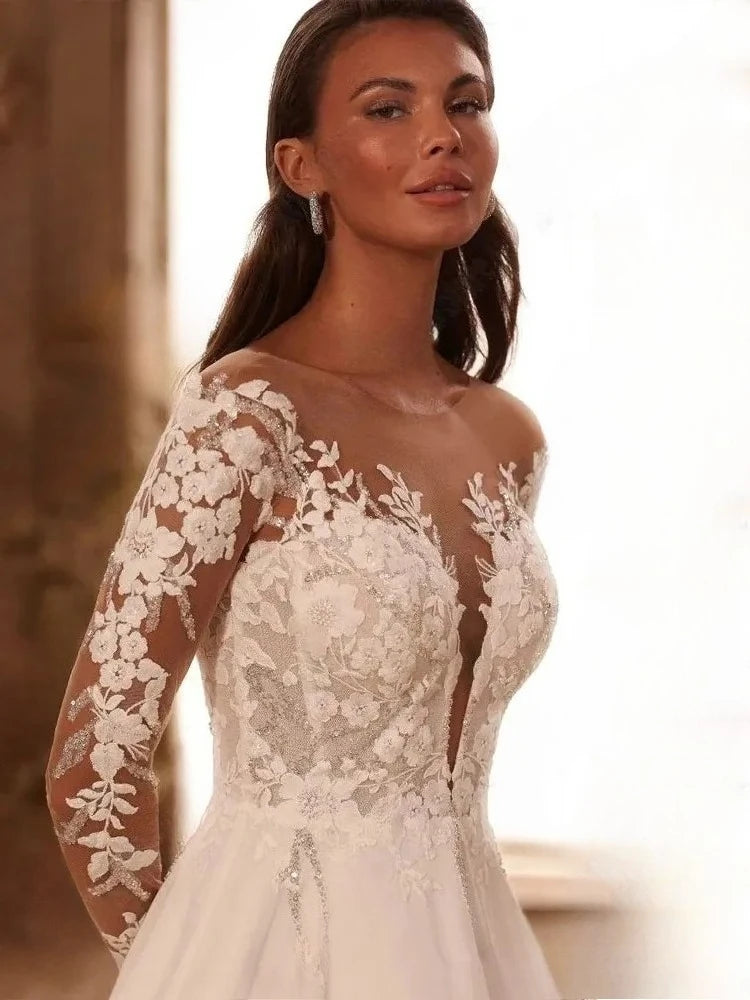 Vintage Wedding Dress with Long Sleeves | A-Line Chiffon Bridal Gown, O-Neck, Appliques, Button Back