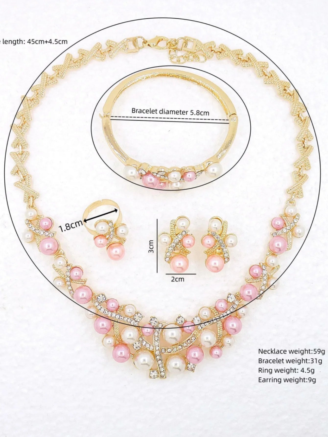 Women's Jewelry Set | 4 Piece Set with Necklace, Bracelet, Earrings and Ring, Imitation Pearls and Pink and White Rhinestones