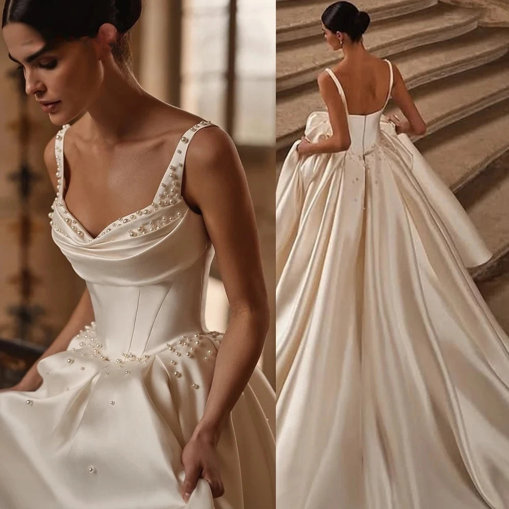  A line satin wedding dress with pearl details