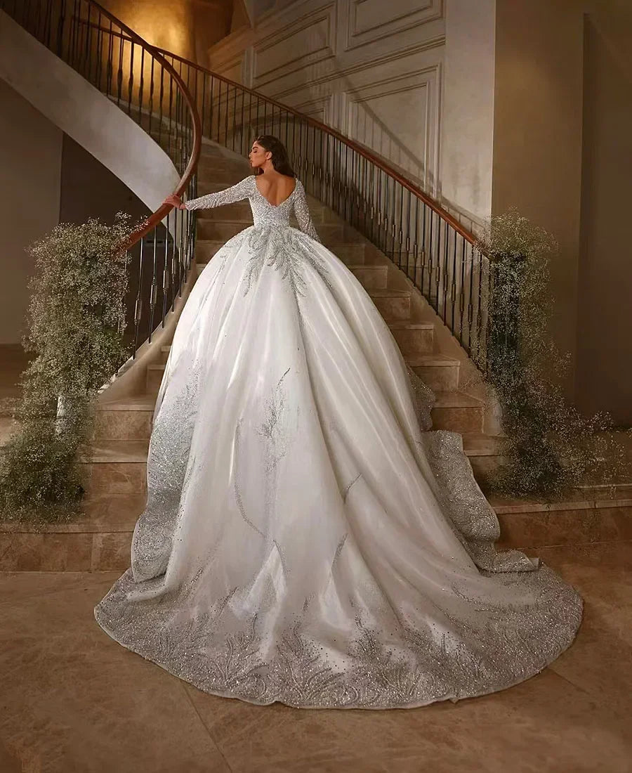 Satin lace wedding dress with long sleeves