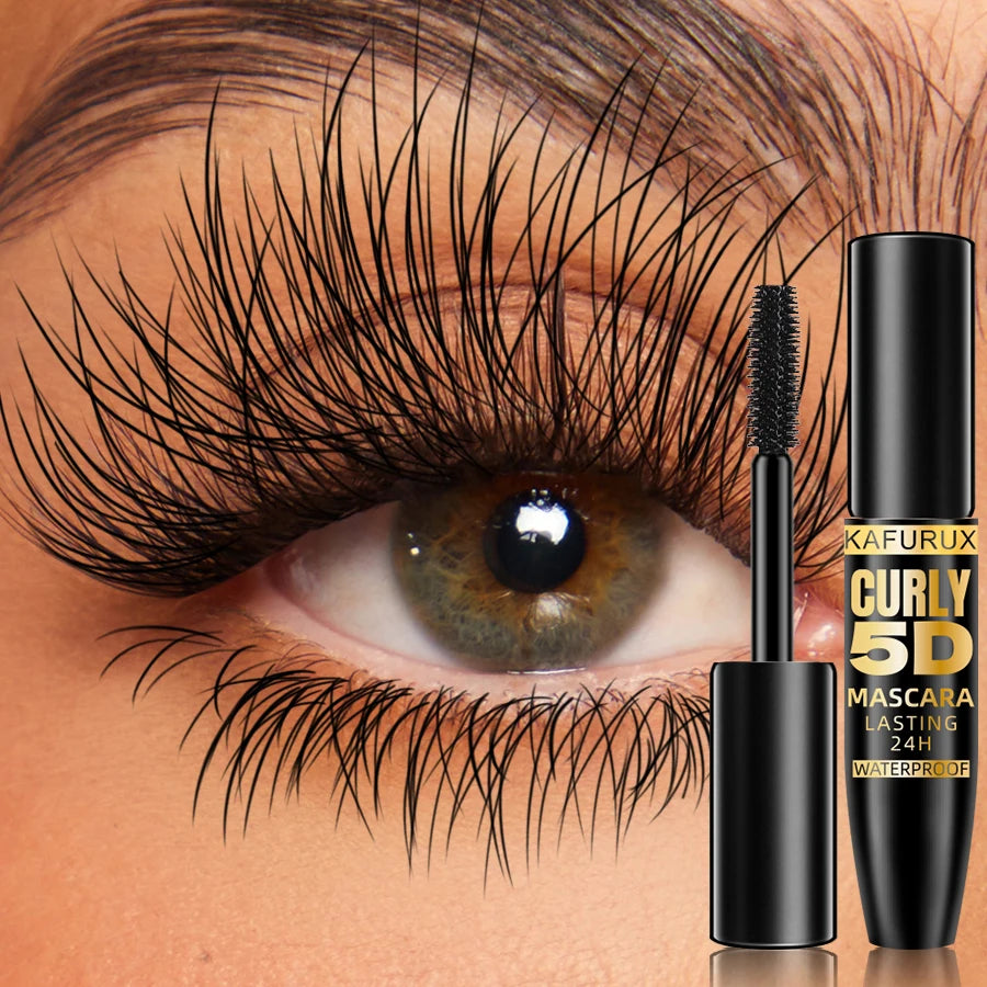 5D Black Waterproof Mascara with Silk Fiber, Lengthens & Thickens Eyelashes
