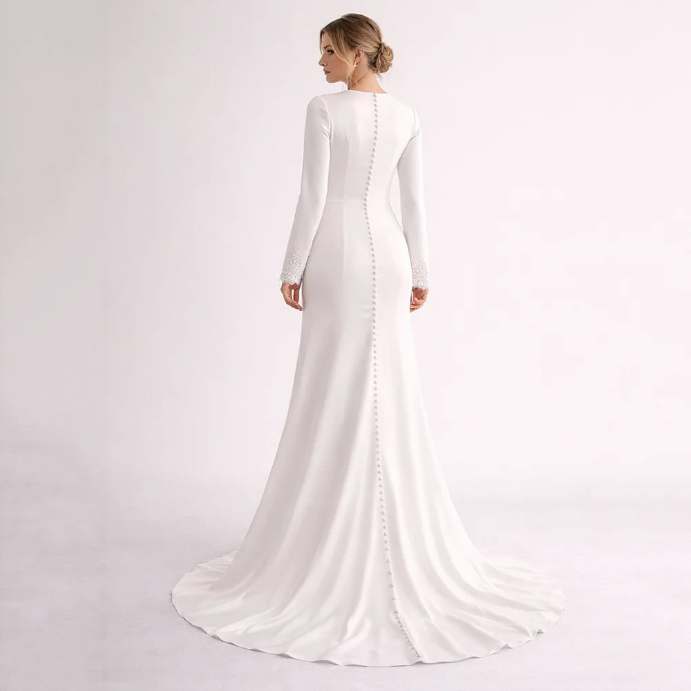 Muslim Wedding Dress | Modest A-Line Bridal Gown with Long Lace Sleeves, O-Neck & Lace | Customizable