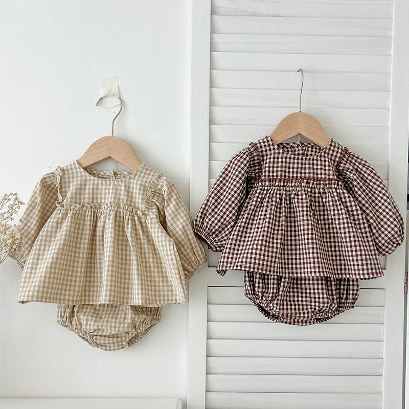 Cotton clothing set for girls with plaid shirt