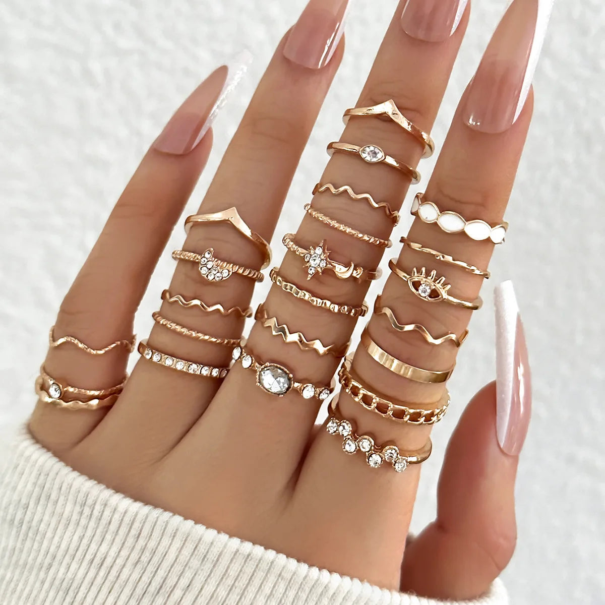 23Pcs Gold & Silver Knuckle Rings Set for Women, Crystal Star & Moon Designs for Party & Gifts