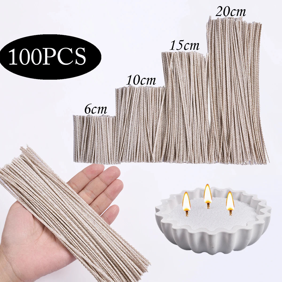 Waxed Cotton Candle Wicks (100 Pieces) | 6/10/15/20cm | Smokeless Wicks for Soy Wax, DIY Candle Making Supplies