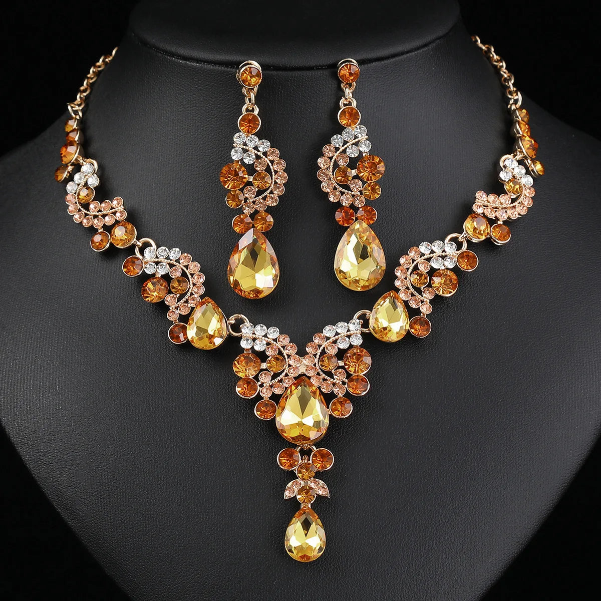 Women's Jewelry Set (2 Pieces) | Elegant Blue Drop Pendant Necklace and Stud Earrings with Rhinestones