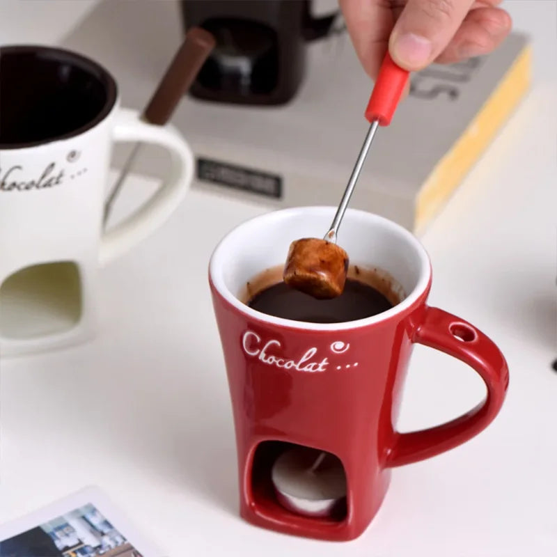 Ceramic Chocolate Fondue Set | Cheese and Chocolate Candle Warmer | Includes Fork