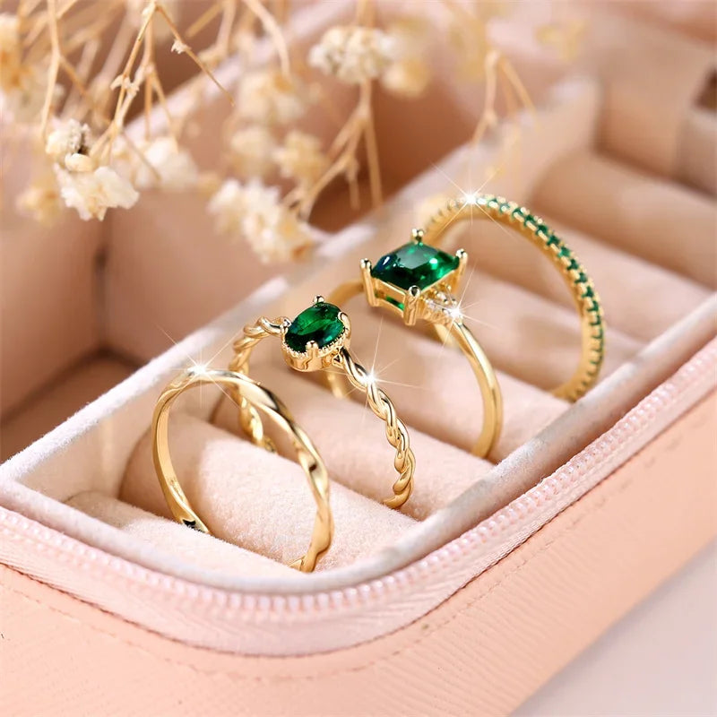 4pcs Green Zircon Ring Set, Gold Plated for Engagement & Wedding