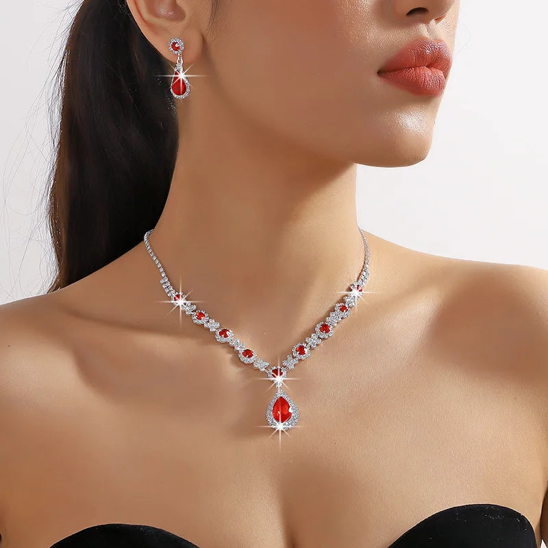 Women's Jewelry Set (2 Pieces) | Elegant Pendant Necklace and Stud Earrings with Water Drop and Rhinestones