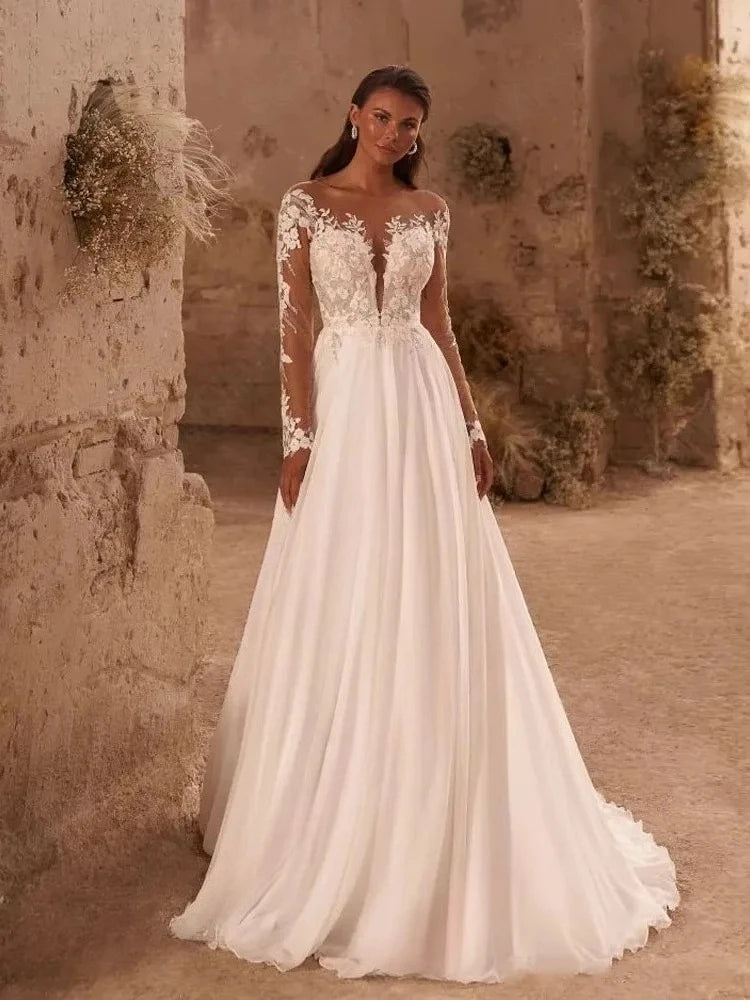 Vintage Wedding Dress with Long Sleeves | A-Line Chiffon Bridal Gown, O-Neck, Appliques, Button Back