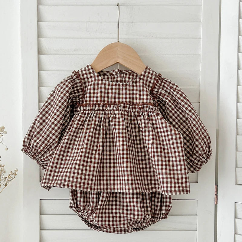 Cotton clothing set for girls with plaid shirt